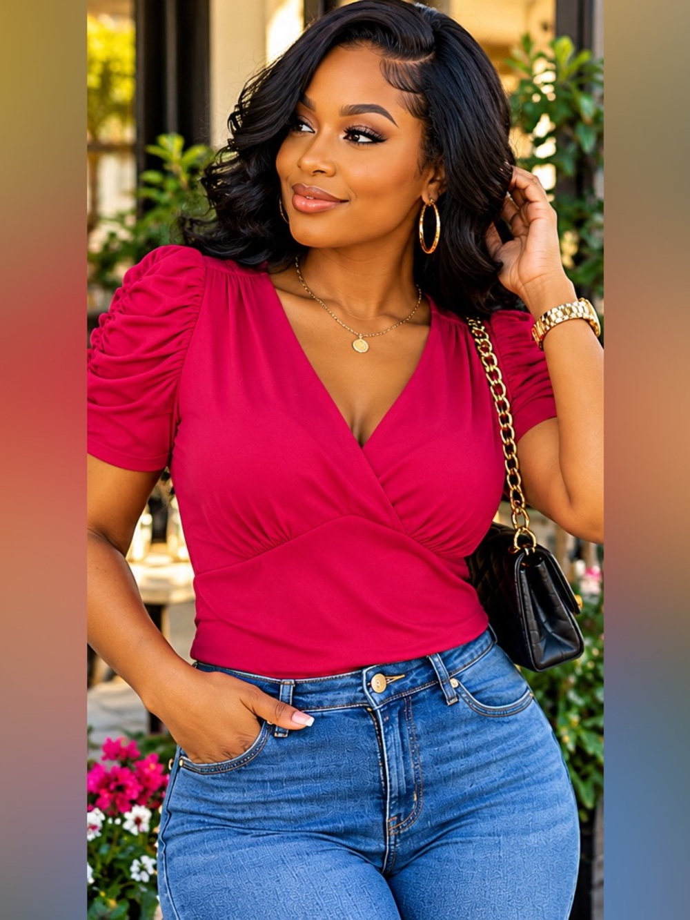 CeCe Ruched Short-Sleeve V-Neck Blouse